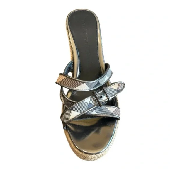 Burberry Nova Check Plaid Espadrille Wedge Sandal Heels Patent Leather 38/7.5-8 - Picture 5 of 12